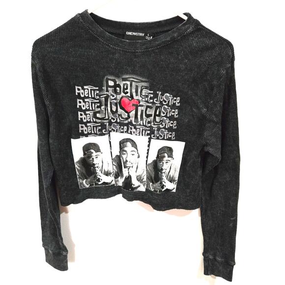 Chemistry Size Large Women's Tupac Black Long Sleeve Cropped Waffle Knit T-Shirt - Picture 1 of 8